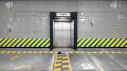 wall design for parking garage, concrete, yellow marking lines, hazard lines, weathering and water stains, realistic elevator doors in middle. a sign is above the elevator doors. rough painted hashmarks and parking lines
