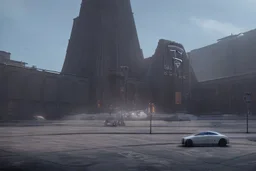 A Tesla 'Model S' is parked, in the 'Cloud City' of Bespin. CINEMATIC. WIDE ANGLE LENS. PHOTO REAL.
