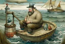 A fat man wearing a hat, is in a bath tub, by a light house, by andrea kowch, holding a umbrella, inspired by andrew wyeth. A rustic harbour, with ships docked is nearby. The Beach is covered with sea shells, crabs and lobsters.There are rain clouds and everything looks as if done in watercolors victo ngai, matisse, monet, catrin welz-stein, vladi