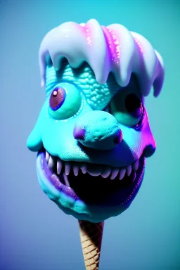 Big ice cream monster, smile, happy, gradient color fog. highly detailed, concept art, unreal engine 5, ray tracing, RTX, lumen lighting, ultra detail, volumetric lighting, 3d, finely drawn, high definition, high resolution.