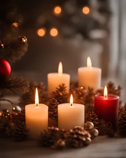 Cozy atmospheric blurred background for christmas with candles.