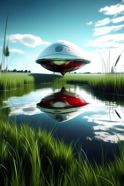 alienigena alto delgado ojos rojos tes blanca, en un campo con laguna, la nave espacial se ve reflejada en el espejo de agua