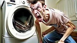 very skinny and sickly young man angry and can't lift damaged washer and dryer