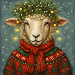 festive Whimiscial sheep in snow, with lights dressed for Christmas in holiday sweater