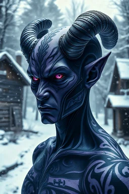 holographic simulation, beautiful xenobiotic alien man demon, scandinavian black tattoo on the body, super detailed face, bloody eyes, against the backdrop of old dzherevyanny houses in the winter forest, falling snow in winter, professional photo, 4k, high resolution, high detail, close-up, octane, body art, patterns, lavender color, silver wire, artistic elven fantasy, filigree, dark botany, ultra detail, dark botany, photorealistic image