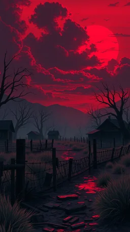 Abandoned village under blood-red sunset, broken fences, empty cabins, eerie wind bending shadows,, muted colors with neon accents, 9:16