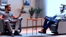 man sitting in his lazy boy chair at home argues with his AI clone who is not present