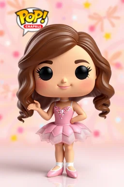 Funko Pop, very young female 12 , long wavy brown hair, pink ballerina dress, ballet pose, smiling, very happy, colorful background, face painted, typography, 3D render.