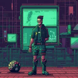 A pixel art cyberpunk version of the best football predictor master pundit master nerdy
