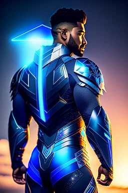 neon blue, floating triangle of light orbiting behind the back, cyber armor, geometric patterns on armor, male, orbiting triangle