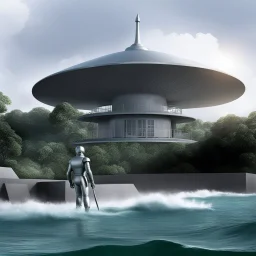 Klaatu, the extraterrestrial being from "The Day the Earth Stood Still," is now on Earth, assisting humans in building a house to live underwater. The walls are reinforced with materials unknown to Earth, providing strength and protection against the ocean's immense power. As the house nears completion, the humans marvel at the thought of living beneath the waves, surrounded by the beauty and danger of the deep sea.