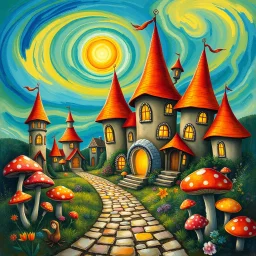 A whimsical fantasy village of fairytale houses with curved, storybook-like shapes. Towers and cottages have vibrant orange and red conical roofs, rounded walls, and glowing windows suggesting warmth and life within. The swirling blue and yellow sky features two radiant suns casting golden light. A cobblestone path winds through colorful mushrooms and fantastical vegetation. The entire scene feels magical and nostalgic, with impressionistic brushstrokes and a dreamlike atmosphere. --v 6.1 --styl