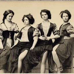 Four victorian girls on jeans in a baroque gym