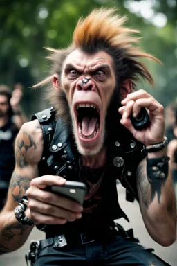 A very angry and bitter punk rocker tries to scream holding his mobil phone, and screams very high and gets angry, howler monkeys disturbs him