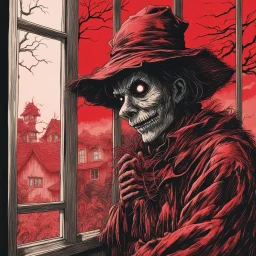 drawing of a scary scarecrow looking in window, dramatic, horror, by Kazuo Umezu, 2D illustration, red hues