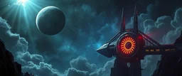 dark draw bridge space station holding huge round blade space ship, portrait of inter-galatic handsome power broker , the first nation, witchcraft, cyberpunk village, sci-fi, strange chrome vessels, volume light from stars through clouds, goa trance poster