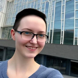 A short haired, female software engineer taking a selfie in front of Building 92 at Microsoft