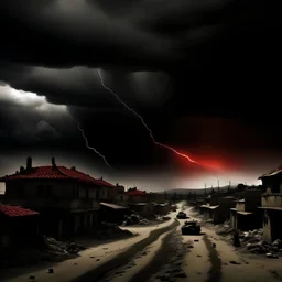 the Israeli monster Slayer walking through ,tanks , helicopters, deads , Gaza destroyed houses to deliver your final judgment. Red dark black sky, thunder lightning swirling curling white gray clouds