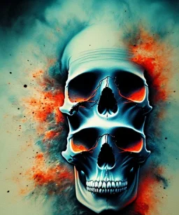 realistic skull. black background. smoke and explode. particles in air. teal and orange. watercolor and ink. abstract. beksinski.