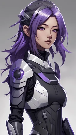 Young, early twenties, Scottish cyberpunk female, with slightly tan skin, and long, Junko Enoshima styled hair that starts out black with dark purple highlights and gradually transitions to dark grey with white highlights. Wearing futuristic body armor that is black and dark purple with grey and white highlights.