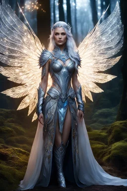 Full body Photography cinematic natural beauty,beautiful fairy princess skin caucasian female,wings,detailed eyes, large bust, shoulder length platinum silver hair, glowing fractal embedded on royal armor, luxury gown glowing colors diamonds jewellers light pattern cloth, high fantasy setting, wearing regal intricate leather with scattered glowing crystal, glowing part on clothing, midnight forest, portrait