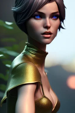 brunette elf, 8k, ultrarealistic, dynamic pose, complete body, LEGS!, triadic colors, intricately detailed, short hair, detailed hair, octane