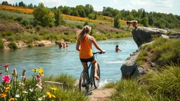 A lady is biking next to a river in the countryside. She moves with elegant toward camera, The background is filled with vibrant wildflowers and lush greenery along the riverbank. The camera smoothly follows her , by the way young people are swimming and a lady dives from top of a big rock to river.