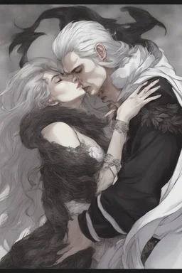 Strahd Von Zarovich, long black hair, being kissed on the mouth by a beautiful woman with white hair, wearing an off the shoulder dress. Settling and background are a lavish toomb with an ebony coffin.