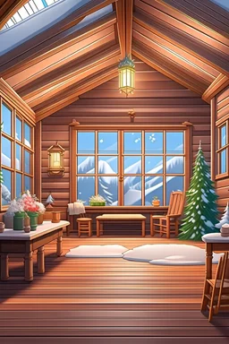 a double suitable studio hall with a portable floor with classic ceiling window two side log cabin, interiors design, lightning surrounding, durable rockchair,vase flowers decorations, children playing, wishing happy Xmas in advance,outside is a glowing snow -covered landscape.