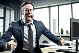 corporate man in office i screaming at employees. Swedish looks. Sign with the text ICA in the background.
