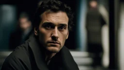 In the photo, we see a man sitting in the dark, looking at the camera with a cold gaze. The man is dressed in black and seems uninterested in what is going on around him.