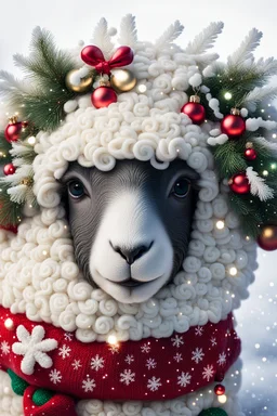festive Whimiscial sheep in snow, with lights dressed for Christmas in holiday sweater