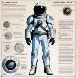 character concept sheet with AD&D statistics and characteristics for the TTPRG "Valerian and Laureline", [illustration by Jean-Claude Mézières (1967)] spacio-temporal agent Kael Dravan (male human), in spacesuit, ready to drive a spaceship