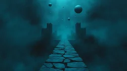 passage over nothingness, surreal, dark and cold abstract artwork dominated by deep blue, icy cyan, charcoal black and muted steel-grey tones. An narrow passageway emerges from an abstract distorted weird landscape, surrounded by thick fog and drifting mist. The space feels nightmare, alien and unsettling, with floating circles and balls geometric forms, fragmented architecture, perspective. At the center of the composition cracked stone way over abyss