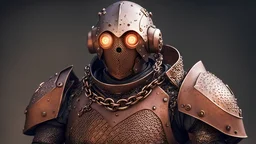 Warforged robotic cleric, with round eyes, face exposed, no helmet, wearing copper chain mail armor, medieval style, dungeons and dragons