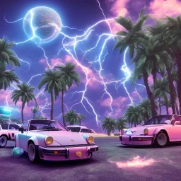 1980's aesthetic vaporwave palm trees and spheres and Porsche with lightning