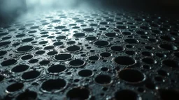 Topography of metallic holes, diffuse light filtering through oxidized layers, atmosphere of future archaeology.