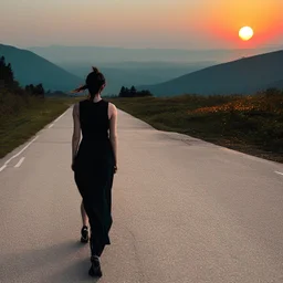 dark night, watching a woman from behind wearing a sleeveless dress who is walking towards a beautiful orange sunrise in the distance, mountains and forests around, photo quality