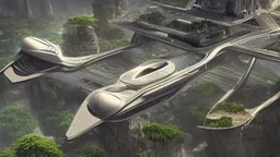 people watching a futuristic ship flying above a utopian city. bridges, roads, balconies, trees, dense foliage, river, pathways, detailed photorealistic