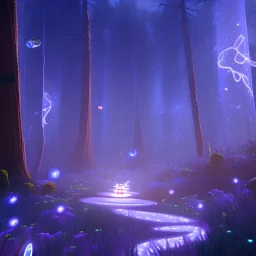 Colorful bioluminescence plants in forest, crystals and glowing path, fireflies, Pandora planet at night, stars night, detailed, high contrast, 8k high definition