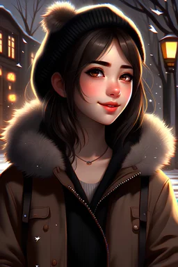 Digital art, high quality, digital masterpiece, natural illumination, realistic, (upper body), (1 young femenine boy:1.5), (Pretty eyes:1.2), Sexy eyelashes, Black eyelashes, (Dark Brown hair:1.5), (subtlety smiling:1) Cute outfit, Cute winter clothes, (Walking away:1.2), (Looking back:1), Autumn, Leaves falling