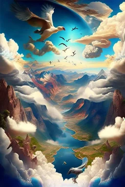 The creation of the world by God. In front of us is a valley with a beautiful landscape, where beautiful animals roam, beautiful birds fly in the sky, beautiful clouds and God in the clouds