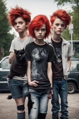 Act like a book cover designer. Three teenagers (13-15 years old) with a grimy black cat. Two boys- redhead, chubby, low, skinny, high, neutral emotion. The girl with black hair, strong make up, punk style clothes. In background white minivan with the driver in t-shirt and with mostauche. Enviroment: old town.