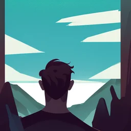 Un hombre mirando al infinito desde lo alto de una montaña, estilo ilustración de novela gráfica