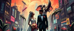 cyber punk city wedding couples promenade portrait of a bear ant eater squid elephant horse dragon floating in 4 dimensions, goa trance movie poster, stylized art, weird endless plants in the style of Dali and Rembrandt
