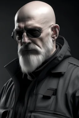 techwear outfit, shaven head, grey beard, small nose