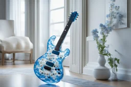 A lovely clear transparent resin guitar with forget-me-not design in a modern room in sunshine