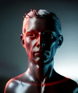 Ultra realistic photographic night portrait, full body shot view, cinematic, naked, young, face shaved, led lights <child man> <hanging wires> many wires connected to the head <perfect pupil> <cyborg> <garage> <sci-fi futuristic> <thriller>, fog, soft color, highly detailed, unreal engine 5, ray tracing, RTX, lumen lighting, ultra detail, volumetric lighting, high definition.