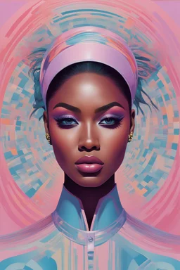 portrait of justine skye, environment map, abstract 1998 air hostess poster, portrait of shiny straight black hair, dramatic makeup, intricate stunning highly detailed, op art, pretty pastel colors, hypnotic, art by Victor Moscoso and Bridget Riley by sachin teng x supreme, dark skin, full lips, light pink, baby blue, pale pink, lavender, round face