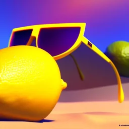 a lemon wearing sunglasses, relaxing on the beach, pixar movie still, 3d, realistic rendering, hyperdetailed